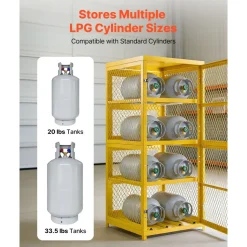 VEVOR Horizontal Cylinder Storage Cabinet, 30"L x 30"W x 70.3"H, 8 Cylinder Capacity, 4-Tier Propane Storage Cage, with Lock and Keys, Yellow Powder-Coated Carbon Steel, for Propane, Oxygen, Nitrogen