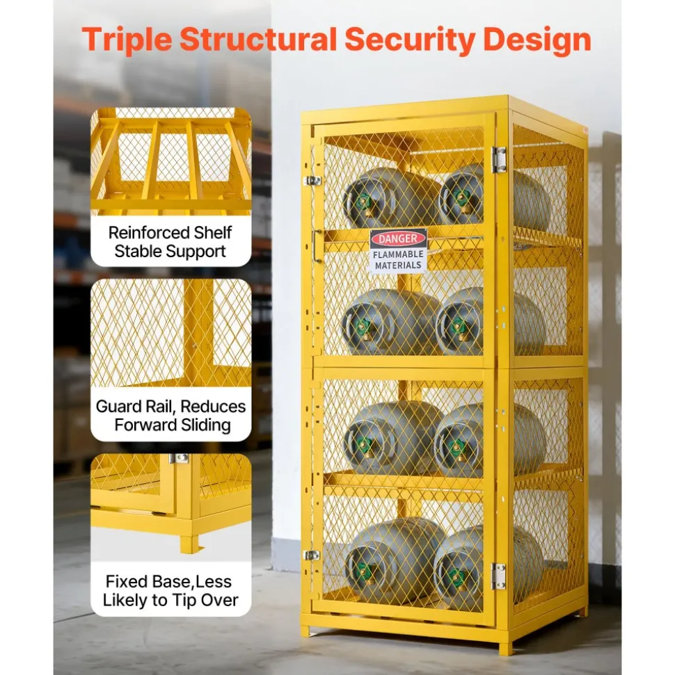 VEVOR Horizontal Cylinder Storage Cabinet, 30"L x 30"W x 70.3"H, 8 Cylinder Capacity, 4-Tier Propane Storage Cage, with Lock and Keys, Yellow Powder-Coated Carbon Steel, for Propane, Oxygen, Nitrogen