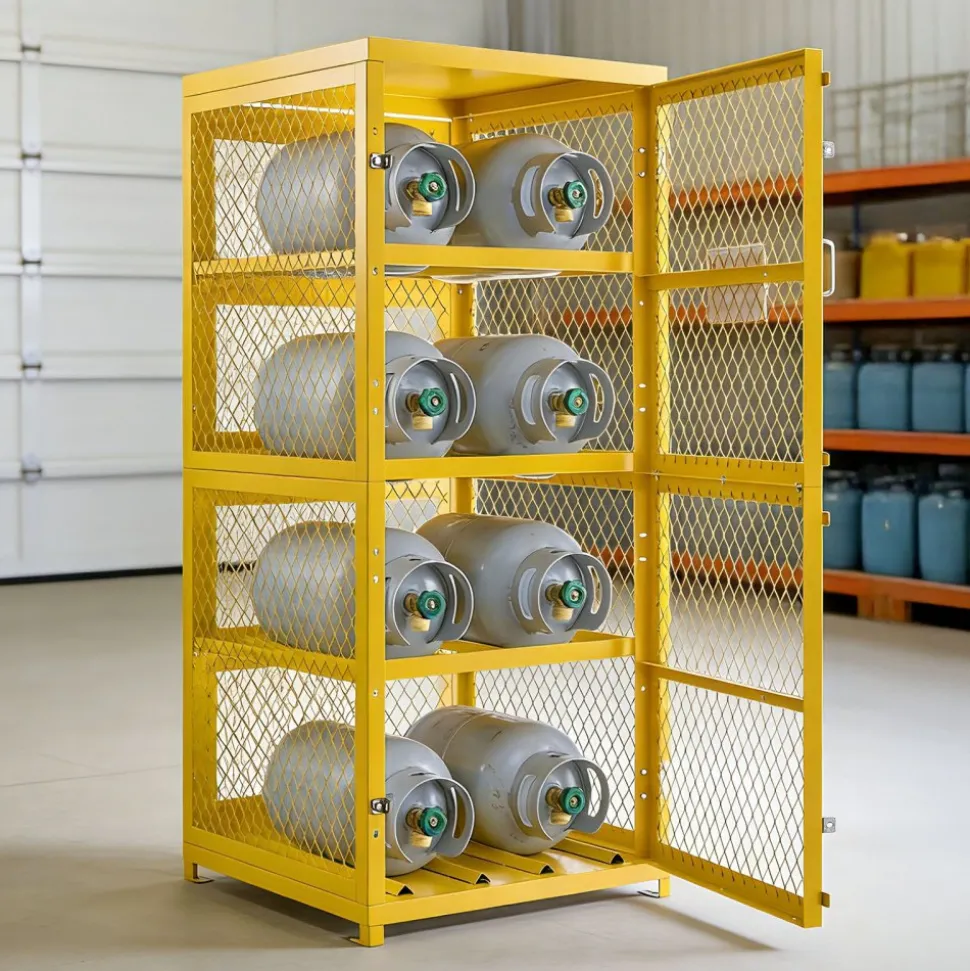 VEVOR Horizontal Cylinder Storage Cabinet, 30"L x 30"W x 70.3"H, 8 Cylinder Capacity, 4-Tier Propane Storage Cage, with Lock and Keys, Yellow Powder-Coated Carbon Steel, for Propane, Oxygen, Nitrogen