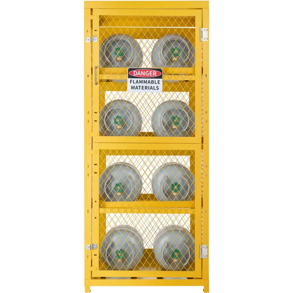 VEVOR Horizontal Cylinder Storage Cabinet, 30"L x 30"W x 70.3"H, 8 Cylinder Capacity, 4-Tier Propane Storage Cage, with Lock and Keys, Yellow Powder-Coated Carbon Steel, for Propane, Oxygen, Nitrogen