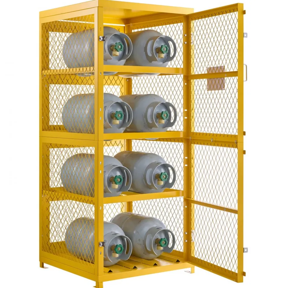 VEVOR Horizontal Cylinder Storage Cabinet, 30"L x 30"W x 70.3"H, 8 Cylinder Capacity, 4-Tier Propane Storage Cage, with Lock and Keys, Yellow Powder-Coated Carbon Steel, for Propane, Oxygen, Nitrogen