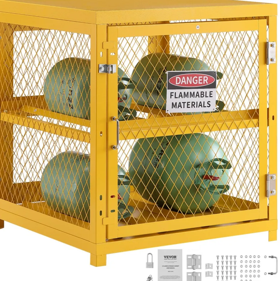 VEVOR Horizontal Cylinder Storage Cabinet, 4 x 33 lbs Cylinder Capacity, 31.02x30.04x35 inch Propane Storage Cage, Gas Cylinder Cabinet, Yellow Powder Coat Finish, for Freon, Gases, Oxygen, Nitrogen