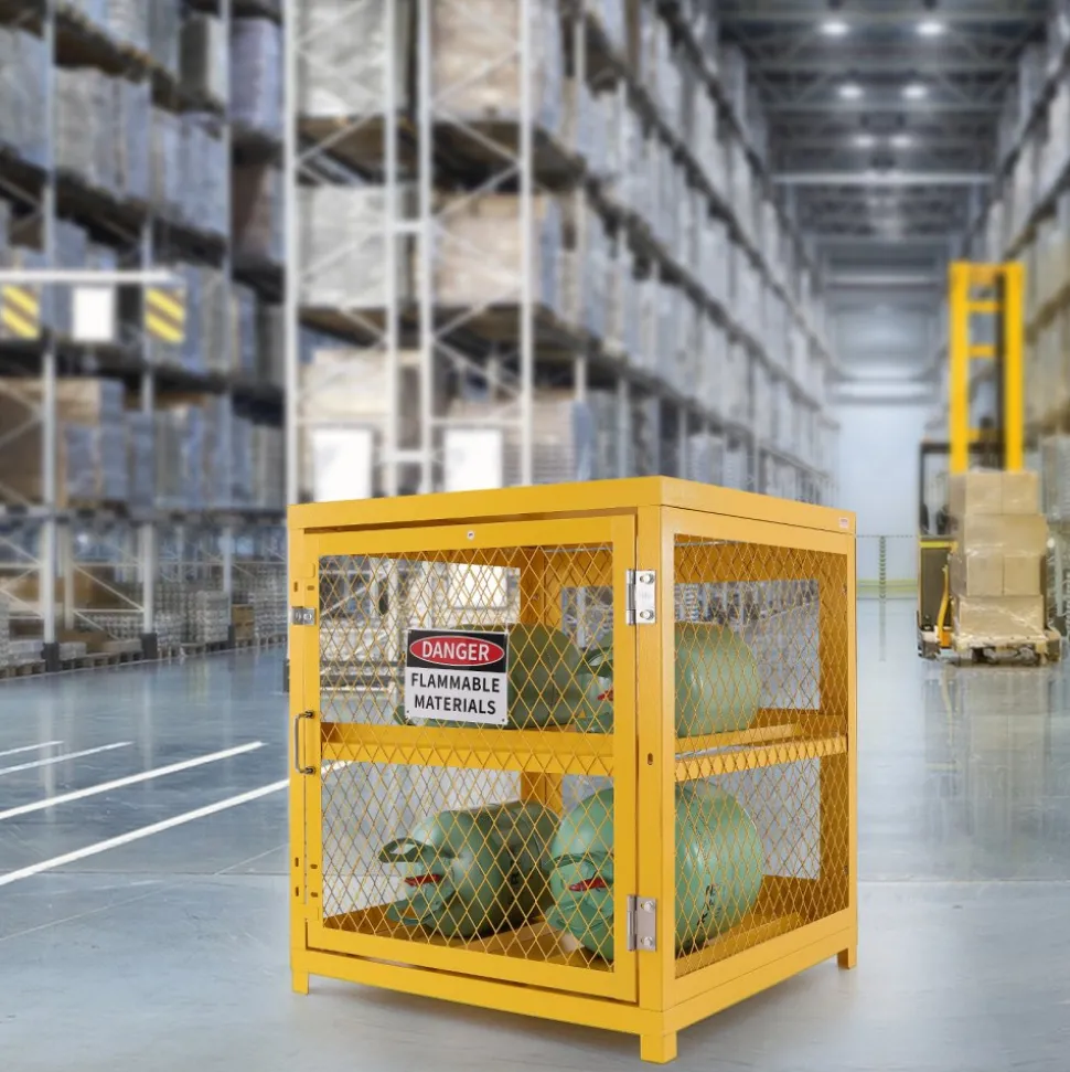VEVOR Horizontal Cylinder Storage Cabinet, 4 x 33 lbs Cylinder Capacity, 31.02x30.04x35 inch Propane Storage Cage, Gas Cylinder Cabinet, Yellow Powder Coat Finish, for Freon, Gases, Oxygen, Nitrogen