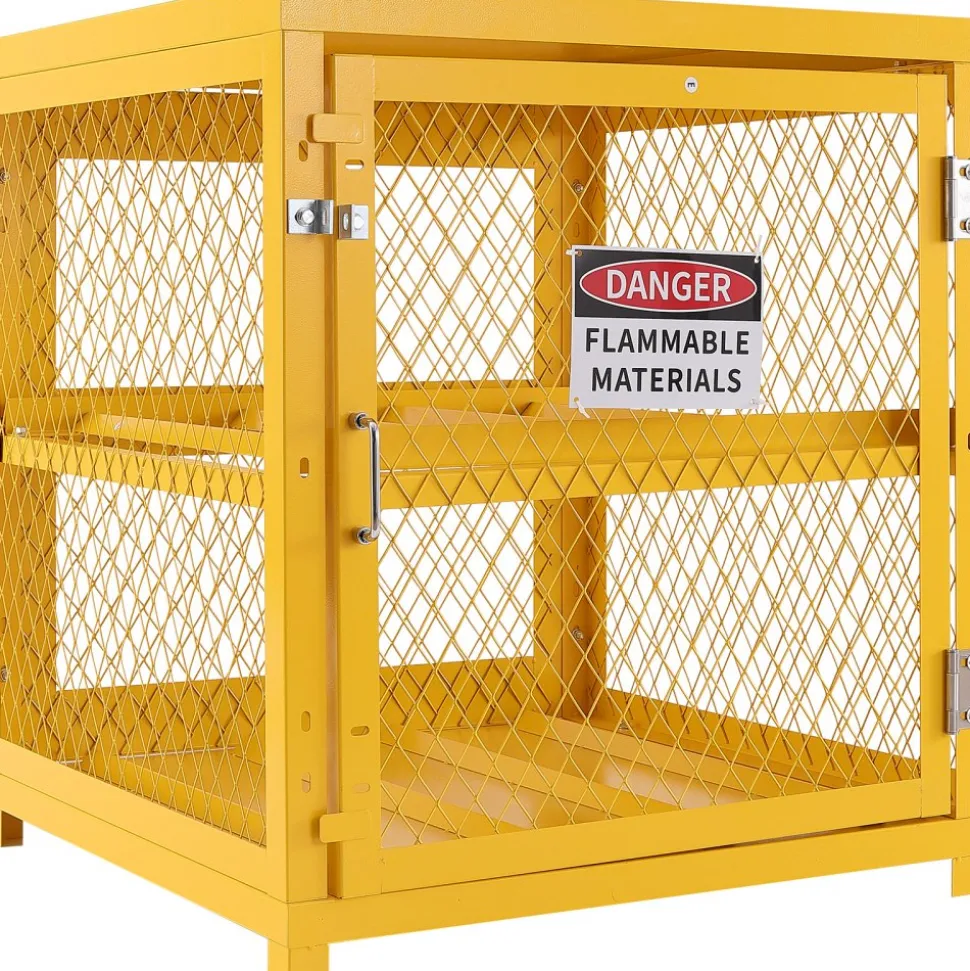 VEVOR Horizontal Cylinder Storage Cabinet, 4 x 33 lbs Cylinder Capacity, 31.02x30.04x35 inch Propane Storage Cage, Gas Cylinder Cabinet, Yellow Powder Coat Finish, for Freon, Gases, Oxygen, Nitrogen