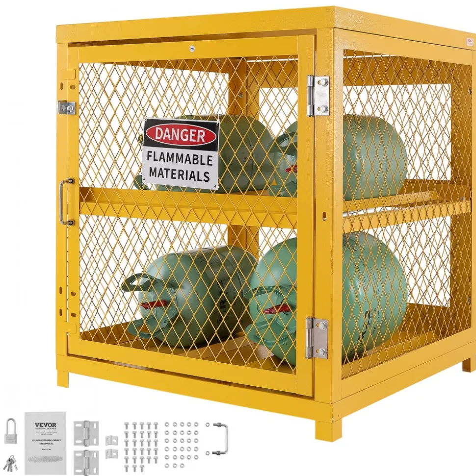 VEVOR Horizontal Cylinder Storage Cabinet, 4 x 33 lbs Cylinder Capacity, 31.02x30.04x35 inch Propane Storage Cage, Gas Cylinder Cabinet, Yellow Powder Coat Finish, for Freon, Gases, Oxygen, Nitrogen
