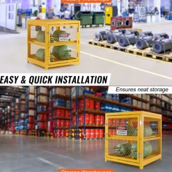VEVOR Horizontal Cylinder Storage Cabinet, 4 x 33 lbs Cylinder Capacity, 31.02x30.04x35 inch Propane Storage Cage, Gas Cylinder Cabinet, Yellow Powder Coat Finish, for Freon, Gases, Oxygen, Nitrogen