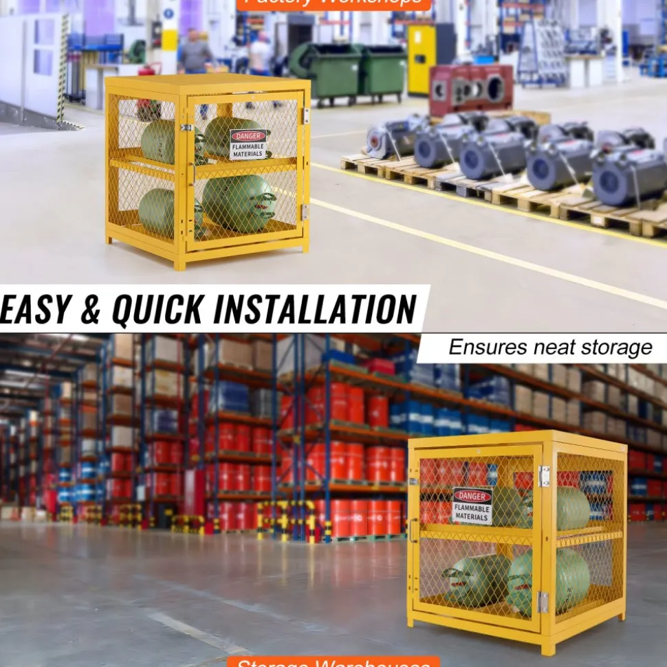 VEVOR Horizontal Cylinder Storage Cabinet, 4 x 33 lbs Cylinder Capacity, 31.02x30.04x35 inch Propane Storage Cage, Gas Cylinder Cabinet, Yellow Powder Coat Finish, for Freon, Gases, Oxygen, Nitrogen