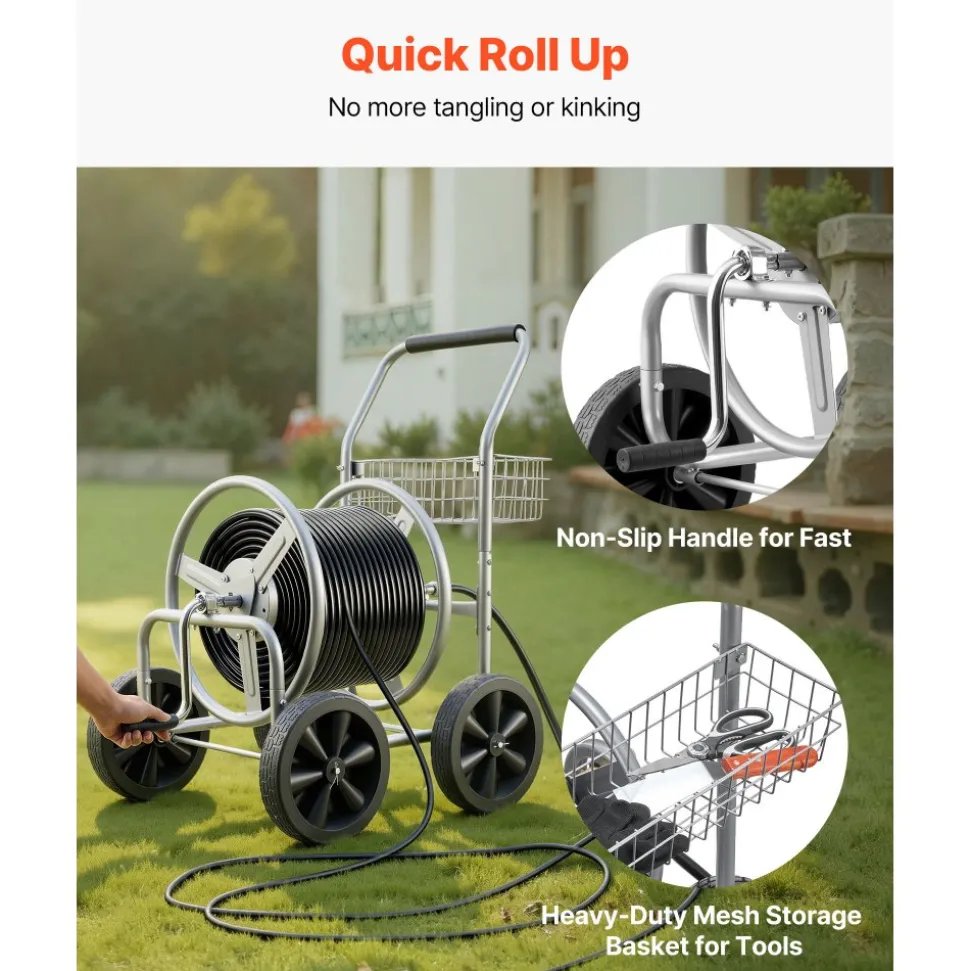VEVOR Hose Reel Cart, Hold Up to 300 ft of 5/8’’ Hose, Garden Water Hose Carts Mobile Tools with 4 Wheels, Heavy Duty Powder-coated Steel Outdoor Planting with Storage Basket, for Garden, Yard, Lawn