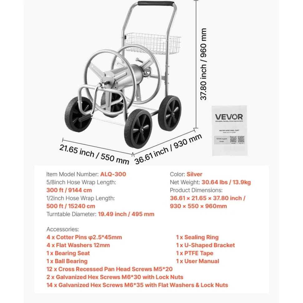 VEVOR Hose Reel Cart, Hold Up to 300 ft of 5/8’’ Hose, Garden Water Hose Carts Mobile Tools with 4 Wheels, Heavy Duty Powder-coated Steel Outdoor Planting with Storage Basket, for Garden, Yard, Lawn