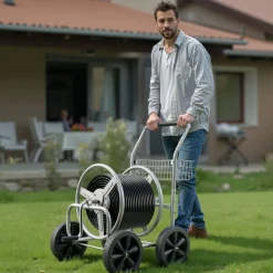 VEVOR Hose Reel Cart, Hold Up to 300 ft of 5/8’’ Hose, Garden Water Hose Carts Mobile Tools with 4 Wheels, Heavy Duty Powder-coated Steel Outdoor Planting with Storage Basket, for Garden, Yard, Lawn