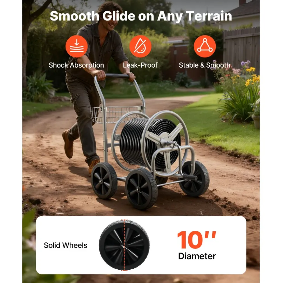 VEVOR Hose Reel Cart, Hold Up to 300 ft of 5/8’’ Hose, Garden Water Hose Carts Mobile Tools with 4 Wheels, Heavy Duty Powder-coated Steel Outdoor Planting with Storage Basket, for Garden, Yard, Lawn