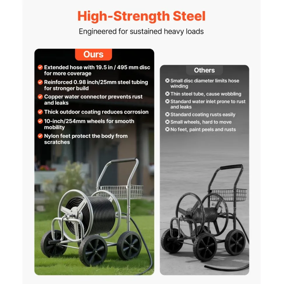 VEVOR Hose Reel Cart, Hold Up to 300 ft of 5/8’’ Hose, Garden Water Hose Carts Mobile Tools with 4 Wheels, Heavy Duty Powder-coated Steel Outdoor Planting with Storage Basket, for Garden, Yard, Lawn
