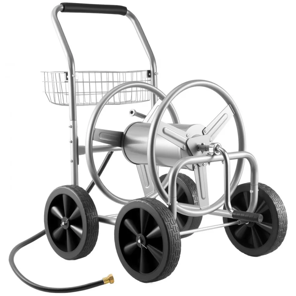 VEVOR Hose Reel Cart, Hold Up to 300 ft of 5/8’’ Hose, Garden Water Hose Carts Mobile Tools with 4 Wheels, Heavy Duty Powder-coated Steel Outdoor Planting with Storage Basket, for Garden, Yard, Lawn