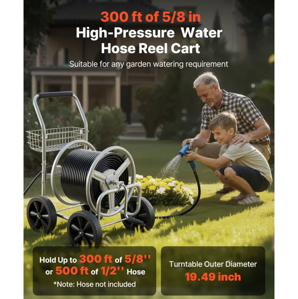 VEVOR Hose Reel Cart, Hold Up to 300 ft of 5/8’’ Hose, Garden Water Hose Carts Mobile Tools with 4 Wheels, Heavy Duty Powder-coated Steel Outdoor Planting with Storage Basket, for Garden, Yard, Lawn