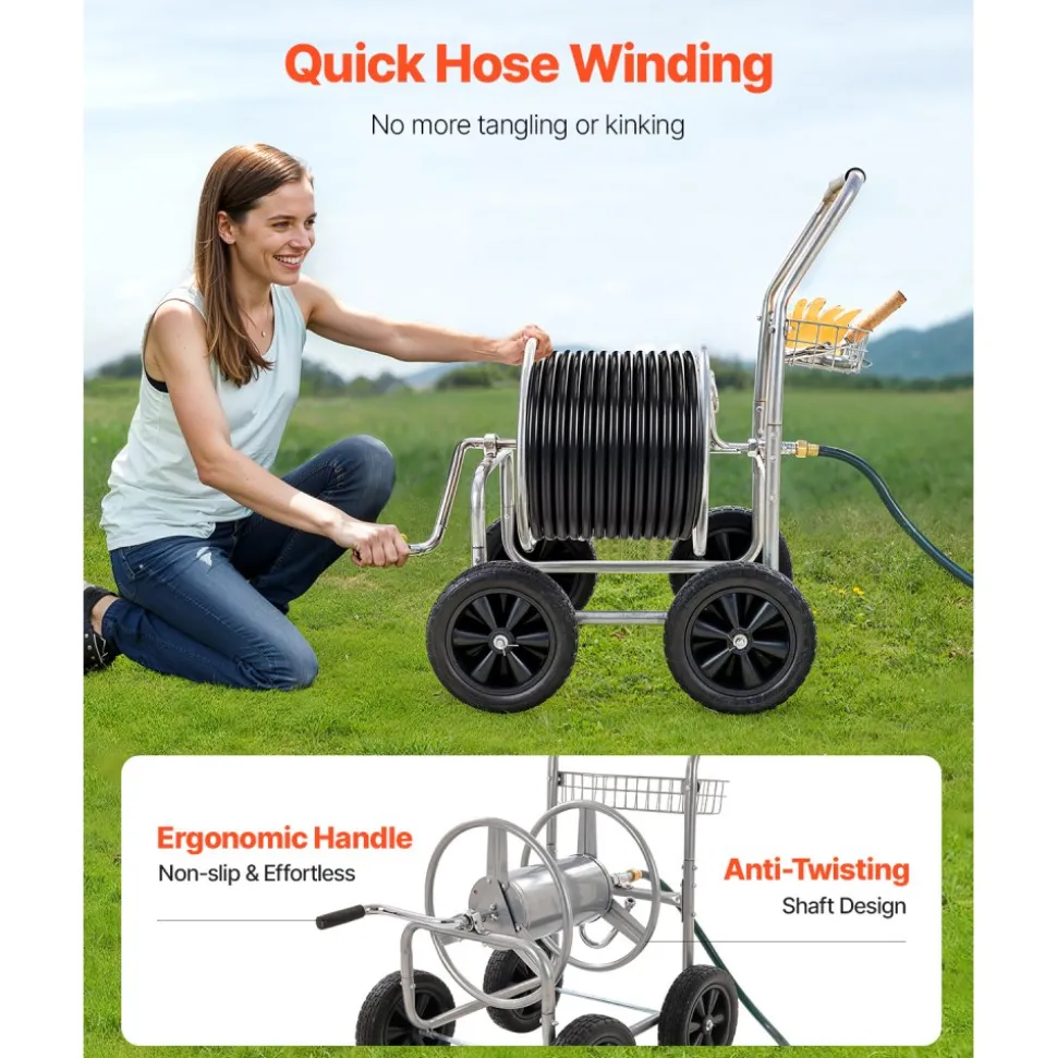 VEVOR Hose Reel Cart, Hold Up to 250 ft of 5/8’’ Hose, Garden Water Hose Carts Mobile Tools with 4 Wheels, Heavy Duty Powder-coated Steel Outdoor Planting with Storage Basket, for Garden, Yard, Lawn