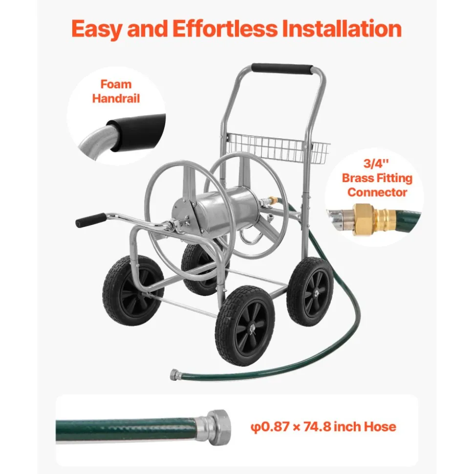 VEVOR Hose Reel Cart, Hold Up to 250 ft of 5/8’’ Hose, Garden Water Hose Carts Mobile Tools with 4 Wheels, Heavy Duty Powder-coated Steel Outdoor Planting with Storage Basket, for Garden, Yard, Lawn