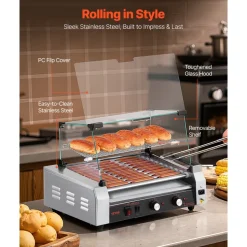 VEVOR Hot Dog Roller, 30 Hot Dog 11 Rollers, Stainless Steel Sausage Grill Cooker, 1600W Commercial Hot Dog Machine with Dual Temp Control, Cover, Side Storage Box, Removable Shelf & Oil Drip Tray