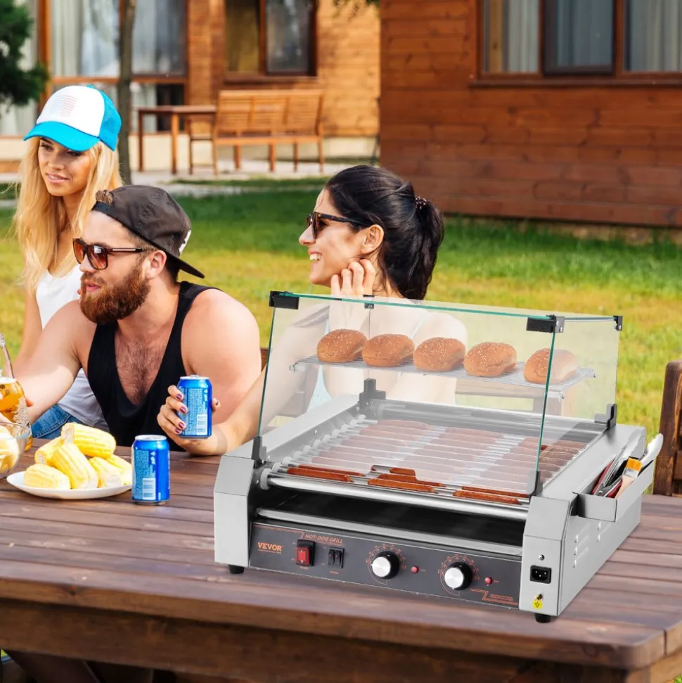VEVOR Hot Dog Roller, 30 Hot Dog 11 Rollers, Stainless Steel Sausage Grill Cooker, 1600W Commercial Hot Dog Machine with Dual Temp Control, Cover, Side Storage Box, Removable Shelf & Oil Drip Tray
