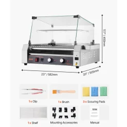 VEVOR Hot Dog Roller, 30 Hot Dog 11 Rollers, Stainless Steel Sausage Grill Cooker, 1600W Commercial Hot Dog Machine with Dual Temp Control, Cover, Side Storage Box, Removable Shelf & Oil Drip Tray