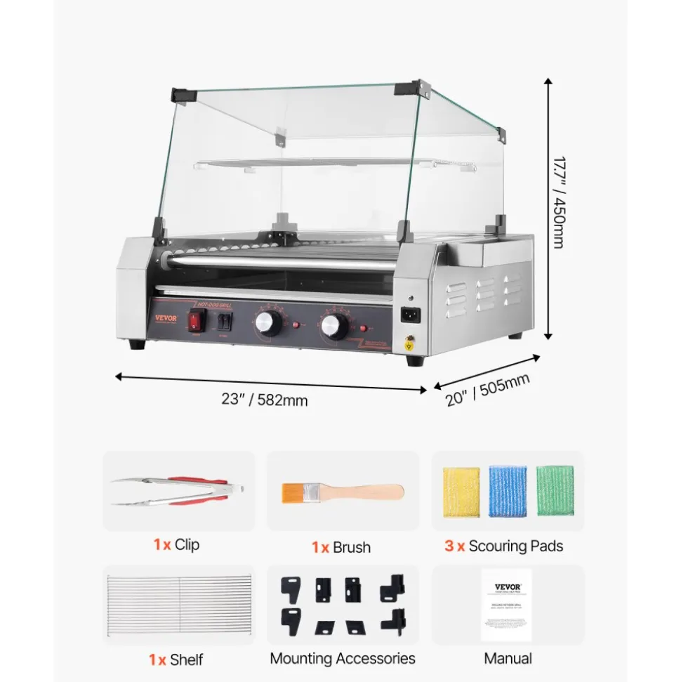 VEVOR Hot Dog Roller, 30 Hot Dog 11 Rollers, Stainless Steel Sausage Grill Cooker, 1600W Commercial Hot Dog Machine with Dual Temp Control, Cover, Side Storage Box, Removable Shelf & Oil Drip Tray