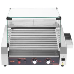 VEVOR Hot Dog Roller, 30 Hot Dog 11 Rollers, Stainless Steel Sausage Grill Cooker, 1600W Commercial Hot Dog Machine with Dual Temp Control, Cover, Side Storage Box, Removable Shelf & Oil Drip Tray