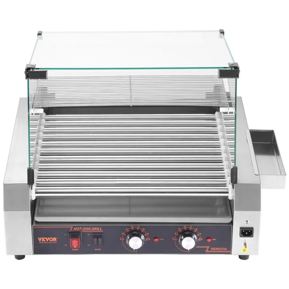 VEVOR Hot Dog Roller, 30 Hot Dog 11 Rollers, Stainless Steel Sausage Grill Cooker, 1600W Commercial Hot Dog Machine with Dual Temp Control, Cover, Side Storage Box, Removable Shelf & Oil Drip Tray