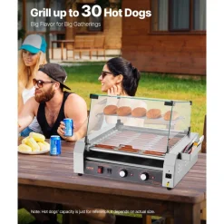 VEVOR Hot Dog Roller, 30 Hot Dog 11 Rollers, Stainless Steel Sausage Grill Cooker, 1600W Commercial Hot Dog Machine with Dual Temp Control, Cover, Side Storage Box, Removable Shelf & Oil Drip Tray