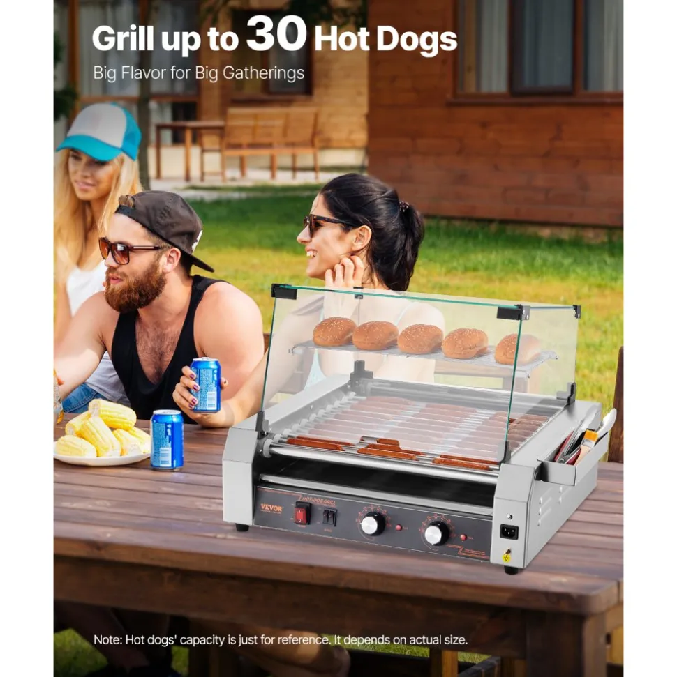 VEVOR Hot Dog Roller, 30 Hot Dog 11 Rollers, Stainless Steel Sausage Grill Cooker, 1600W Commercial Hot Dog Machine with Dual Temp Control, Cover, Side Storage Box, Removable Shelf & Oil Drip Tray