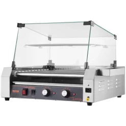 VEVOR Hot Dog Roller, 30 Hot Dog 11 Rollers, Stainless Steel Sausage Grill Cooker, 1600W Commercial Hot Dog Machine with Dual Temp Control, Cover, Side Storage Box, Removable Shelf & Oil Drip Tray
