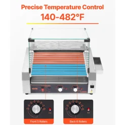 VEVOR Hot Dog Roller, 30 Hot Dog 11 Rollers, Stainless Steel Sausage Grill Cooker, 1600W Commercial Hot Dog Machine with Dual Temp Control, Cover, Side Storage Box, Removable Shelf & Oil Drip Tray