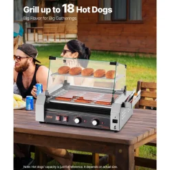 VEVOR Hot Dog Roller, 18 Hot Dog 7 Rollers, Stainless Steel Sausage Grill Cooker, 1200W Hot Dog Machine with Bun Warmer, Cover, 3 Temp Control, Side Storage Box, Oil Drip Tray, for Home & Commercial