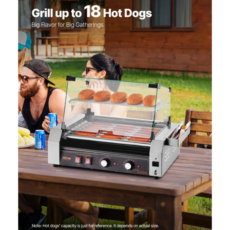 VEVOR Hot Dog Roller, 18 Hot Dog 7 Rollers, Stainless Steel Sausage Grill Cooker, 1200W Hot Dog Machine with Bun Warmer, Cover, 3 Temp Control, Side Storage Box, Oil Drip Tray, for Home & Commercial