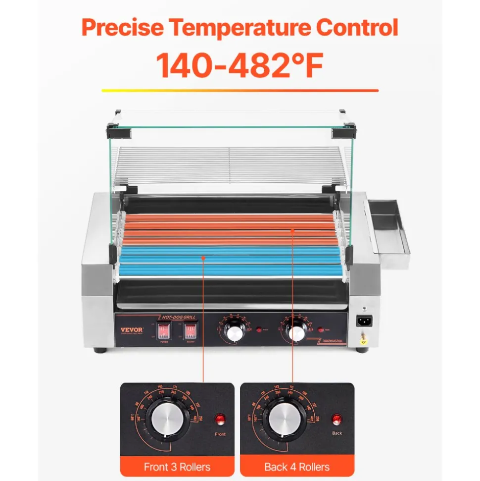 VEVOR Hot Dog Roller, 18 Hot Dog 7 Rollers, Stainless Steel Sausage Grill Cooker, 1200W Hot Dog Machine with Bun Warmer, Cover, 3 Temp Control, Side Storage Box, Oil Drip Tray, for Home & Commercial