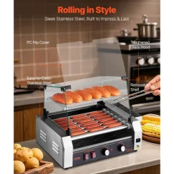 VEVOR Hot Dog Roller, 18 Hot Dog 7 Rollers, Stainless Steel Sausage Grill Cooker, 1200W Hot Dog Machine with Bun Warmer, Cover, 3 Temp Control, Side Storage Box, Oil Drip Tray, for Home & Commercial