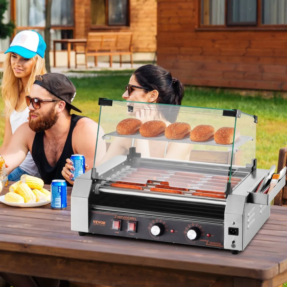 VEVOR Hot Dog Roller, 18 Hot Dog 7 Rollers, Stainless Steel Sausage Grill Cooker, 1200W Hot Dog Machine with Bun Warmer, Cover, 3 Temp Control, Side Storage Box, Oil Drip Tray, for Home & Commercial