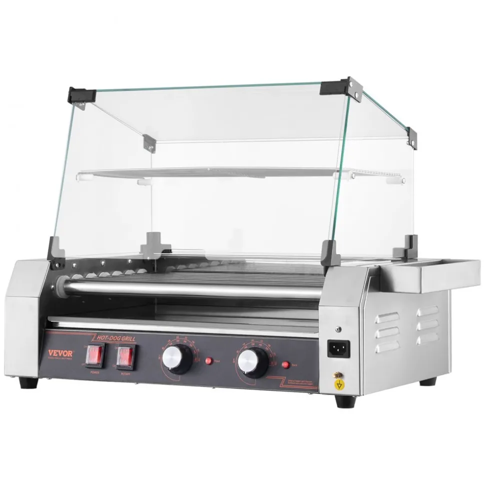 VEVOR Hot Dog Roller, 18 Hot Dog 7 Rollers, Stainless Steel Sausage Grill Cooker, 1200W Hot Dog Machine with Bun Warmer, Cover, 3 Temp Control, Side Storage Box, Oil Drip Tray, for Home & Commercial