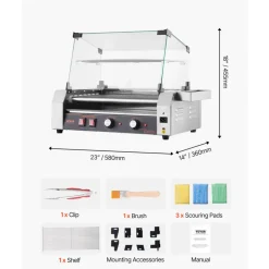 VEVOR Hot Dog Roller, 18 Hot Dog 7 Rollers, Stainless Steel Sausage Grill Cooker, 1200W Hot Dog Machine with Bun Warmer, Cover, 3 Temp Control, Side Storage Box, Oil Drip Tray, for Home & Commercial