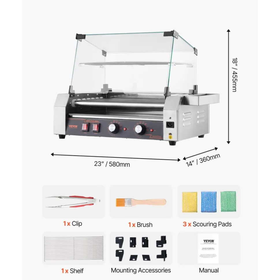 VEVOR Hot Dog Roller, 18 Hot Dog 7 Rollers, Stainless Steel Sausage Grill Cooker, 1200W Hot Dog Machine with Bun Warmer, Cover, 3 Temp Control, Side Storage Box, Oil Drip Tray, for Home & Commercial