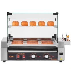 VEVOR Hot Dog Roller, 18 Hot Dog 7 Rollers, Stainless Steel Sausage Grill Cooker, 1200W Hot Dog Machine with Bun Warmer, Cover, 3 Temp Control, Side Storage Box, Oil Drip Tray, for Home & Commercial