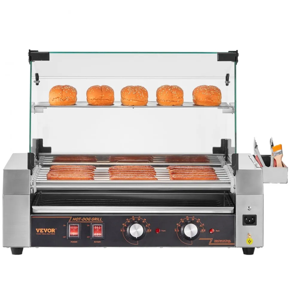 VEVOR Hot Dog Roller, 18 Hot Dog 7 Rollers, Stainless Steel Sausage Grill Cooker, 1200W Hot Dog Machine with Bun Warmer, Cover, 3 Temp Control, Side Storage Box, Oil Drip Tray, for Home & Commercial