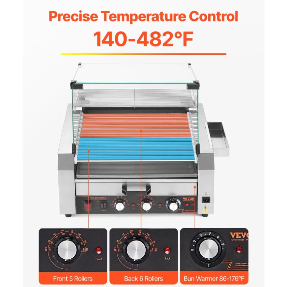 VEVOR Hot Dog Roller, 12 Hot Dog 5 Rollers, Stainless Steel Sausage Grill Cooker, 750W Commercial Hot Dog Machine with Dual Temp Control, Cover, Side Storage Box, Removable Shelf & Oil Drip Tray
