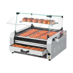 VEVOR Hot Dog Roller, 12 Hot Dog 5 Rollers, Stainless Steel Sausage Grill Cooker, 750W Commercial Hot Dog Machine with Dual Temp Control, Cover, Side Storage Box, Removable Shelf & Oil Drip Tray