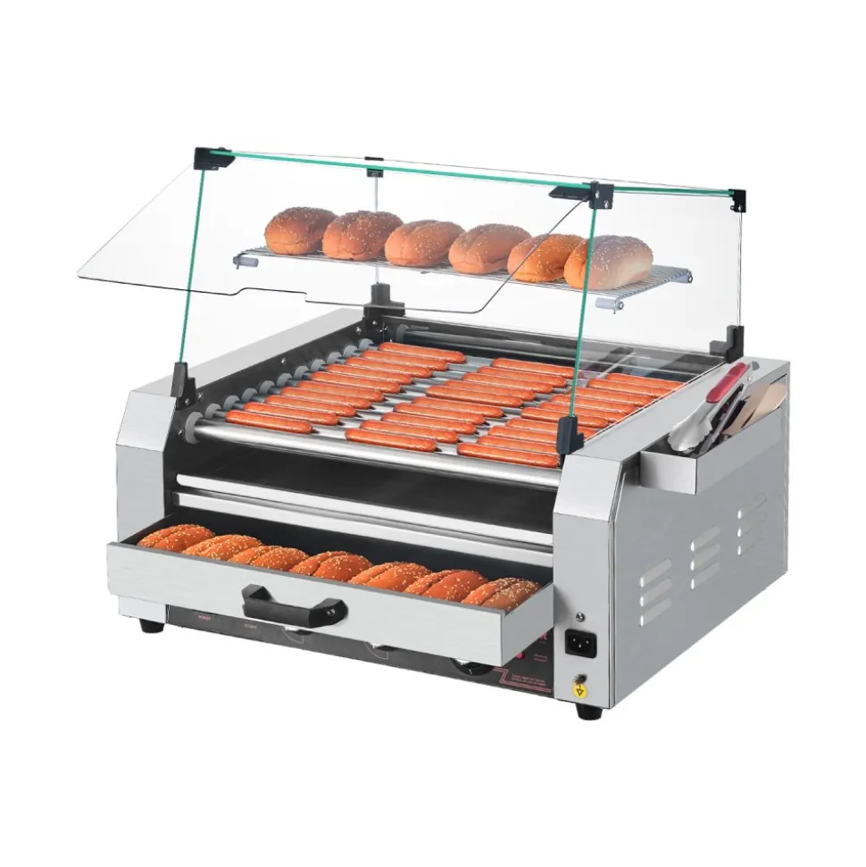 VEVOR Hot Dog Roller, 12 Hot Dog 5 Rollers, Stainless Steel Sausage Grill Cooker, 750W Commercial Hot Dog Machine with Dual Temp Control, Cover, Side Storage Box, Removable Shelf & Oil Drip Tray