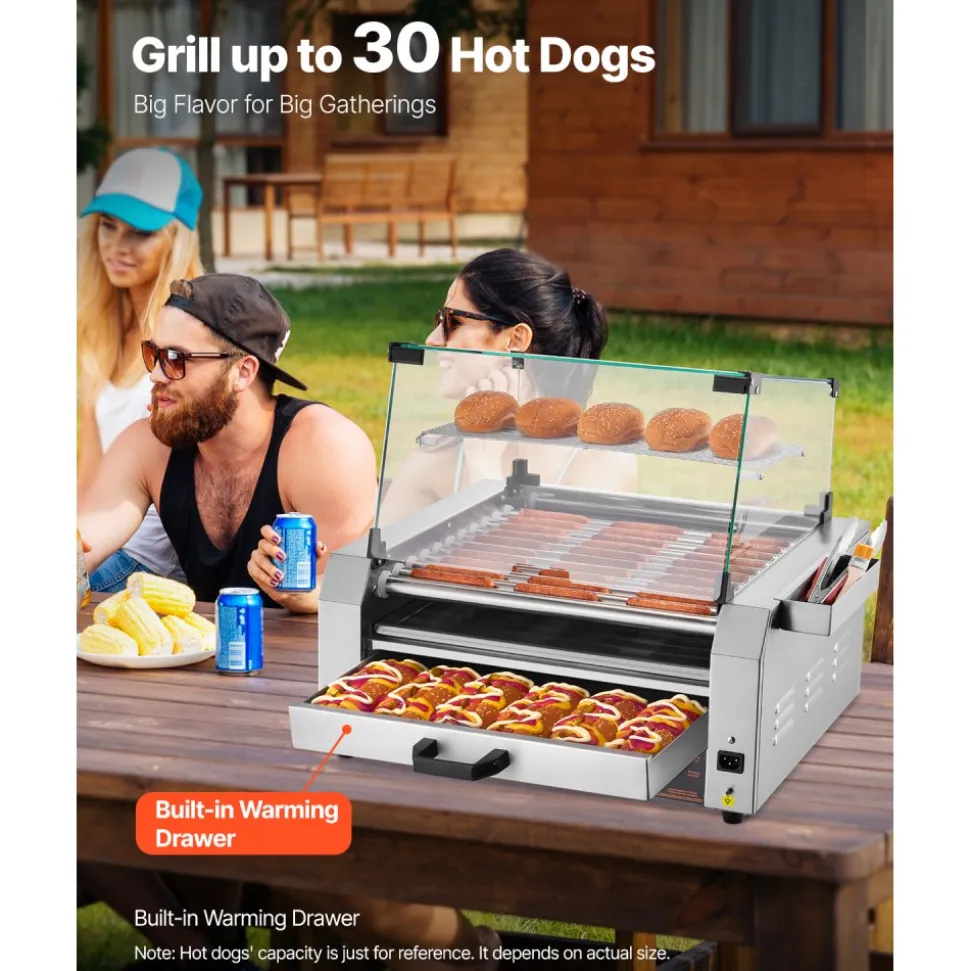 VEVOR Hot Dog Roller, 12 Hot Dog 5 Rollers, Stainless Steel Sausage Grill Cooker, 750W Commercial Hot Dog Machine with Dual Temp Control, Cover, Side Storage Box, Removable Shelf & Oil Drip Tray