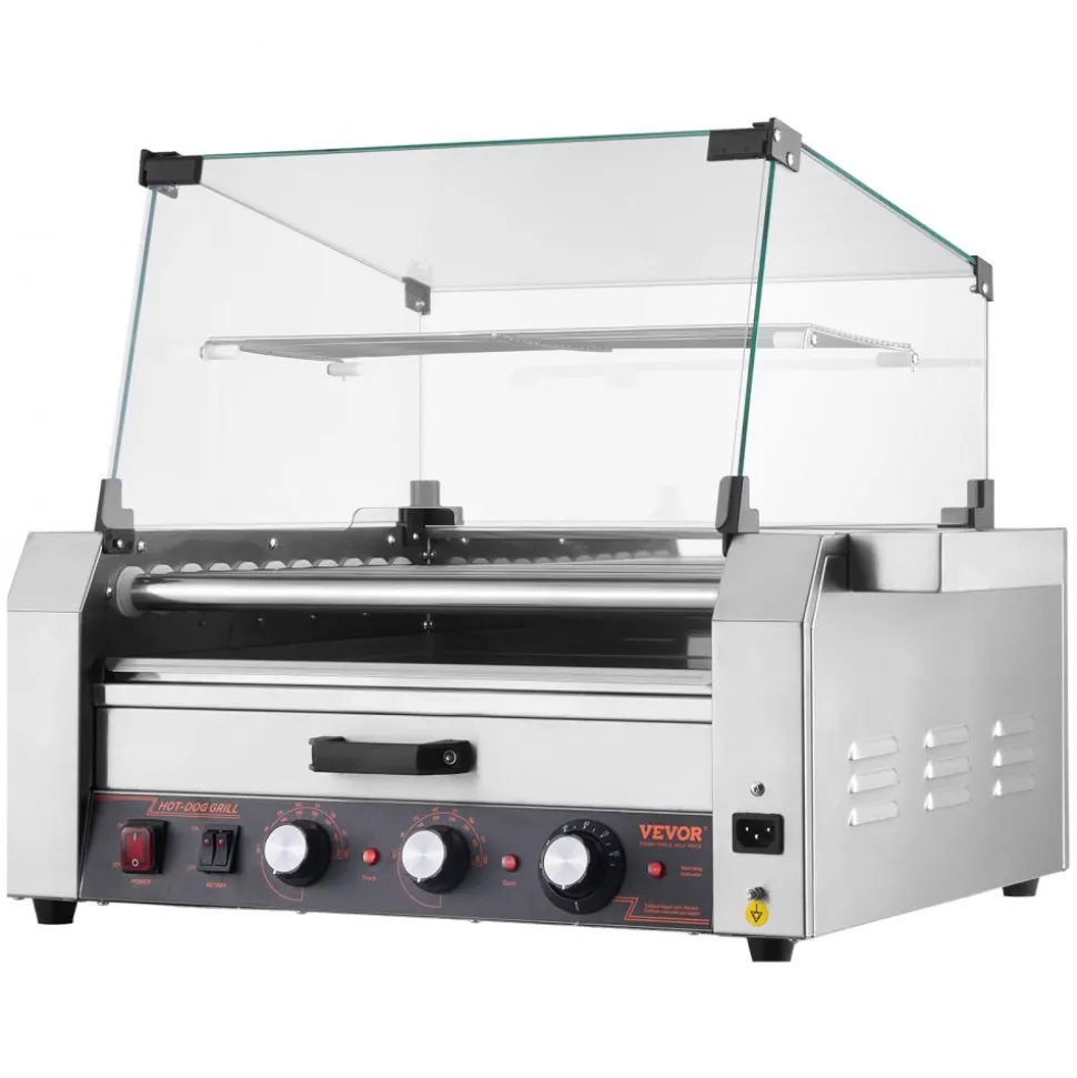 VEVOR Hot Dog Roller, 12 Hot Dog 5 Rollers, Stainless Steel Sausage Grill Cooker, 750W Commercial Hot Dog Machine with Dual Temp Control, Cover, Side Storage Box, Removable Shelf & Oil Drip Tray