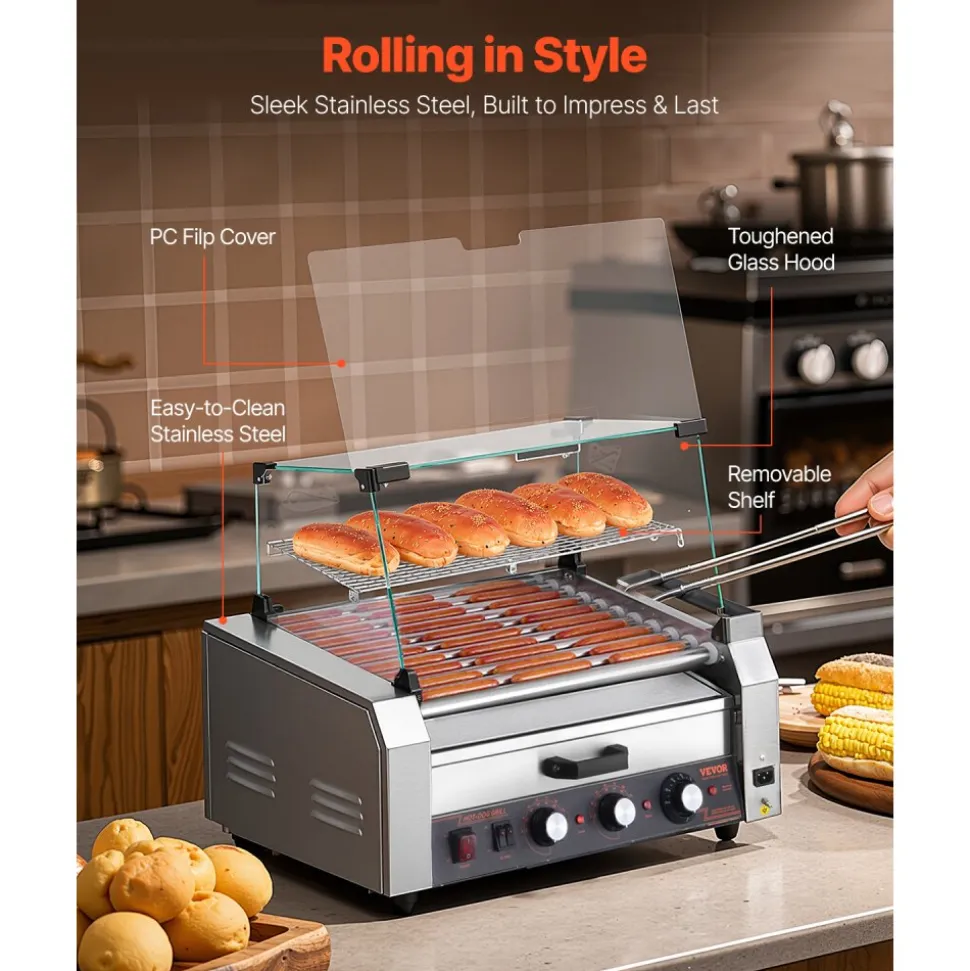 VEVOR Hot Dog Roller, 12 Hot Dog 5 Rollers, Stainless Steel Sausage Grill Cooker, 750W Commercial Hot Dog Machine with Dual Temp Control, Cover, Side Storage Box, Removable Shelf & Oil Drip Tray