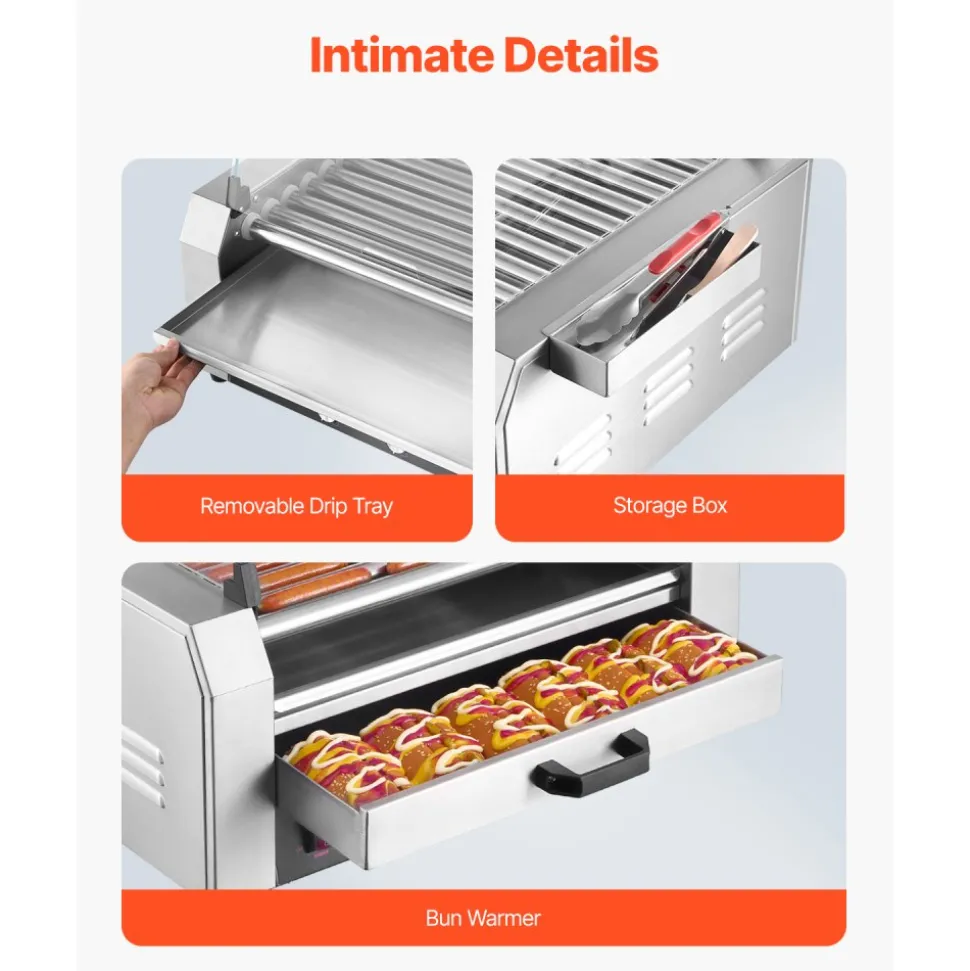 VEVOR Hot Dog Roller, 12 Hot Dog 5 Rollers, Stainless Steel Sausage Grill Cooker, 750W Commercial Hot Dog Machine with Dual Temp Control, Cover, Side Storage Box, Removable Shelf & Oil Drip Tray