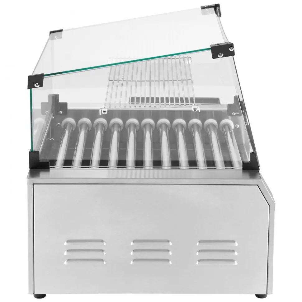 VEVOR Hot Dog Roller, 12 Hot Dog 5 Rollers, Stainless Steel Sausage Grill Cooker, 750W Commercial Hot Dog Machine with Dual Temp Control, Cover, Side Storage Box, Removable Shelf & Oil Drip Tray