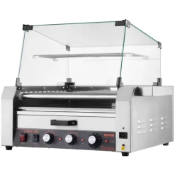 VEVOR Hot Dog Roller, 12 Hot Dog 5 Rollers, Stainless Steel Sausage Grill Cooker, 750W Commercial Hot Dog Machine with Dual Temp Control, Cover, Side Storage Box, Removable Shelf & Oil Drip Tray
