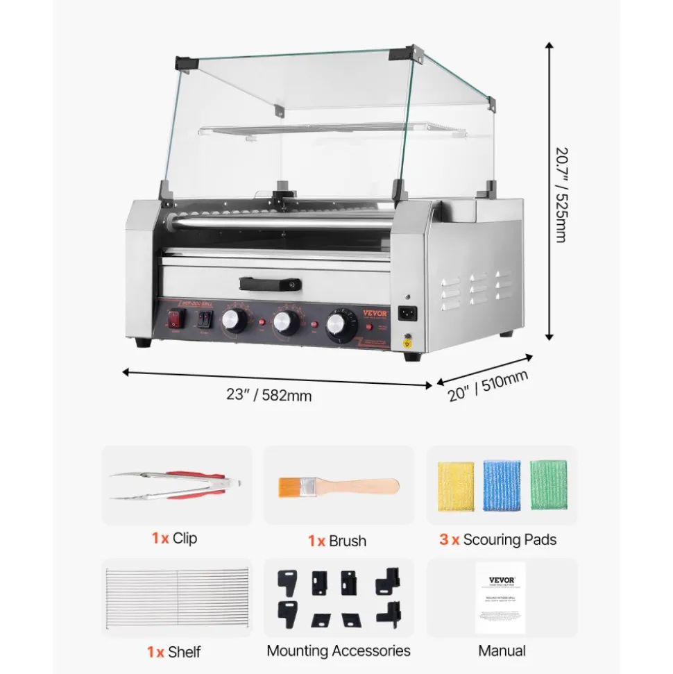VEVOR Hot Dog Roller, 12 Hot Dog 5 Rollers, Stainless Steel Sausage Grill Cooker, 750W Commercial Hot Dog Machine with Dual Temp Control, Cover, Side Storage Box, Removable Shelf & Oil Drip Tray